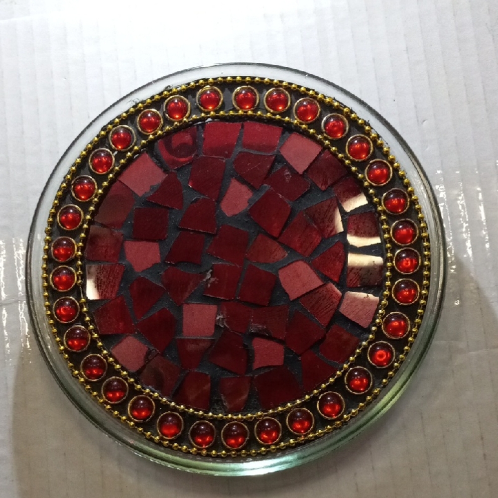 Vintage Glass Mosaic Round Artistic Coaster Stand Candle Holder Bohemian Décor